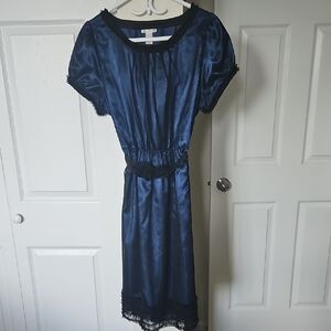Mikarose Blue Pleated Sheath Dress Puff Sleeve Midi